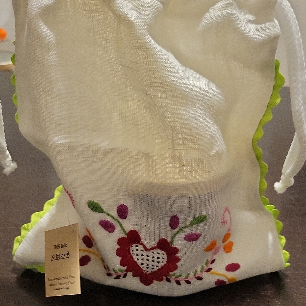Embroidered White and Green Drawstring Lingerie Bag